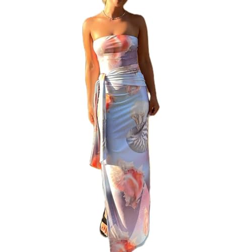 Image of Women Floral Strapless Maxi Dress Y2K Bodycon Tube Long Dresses Sexy Party Formal Cocktail Beach Slit Dress