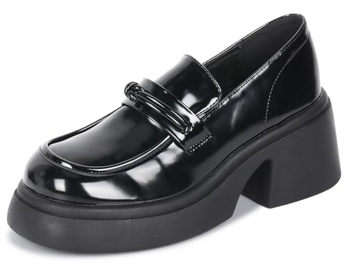 Image of Platform Oxfords Shoes for Women,Chunky Heel Work Shoes Comfort Black Loafers Shoes,shine black 7.5, Grey