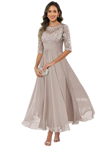 HUINI Damen Brautmutterkleid Chiffon Lang - Spitzen Formales Abendkleid Kleider Halbärmel A-Linie...