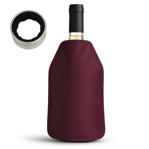 MANJEMAR Enfriador de Botellas de Vino con Anillo Antigoteo - Funda Enfriadora Gel Reutilizable y Elegante para Bebidas Frías, Ideal para Picnic, Cena o Regalo Original (Burdeos)