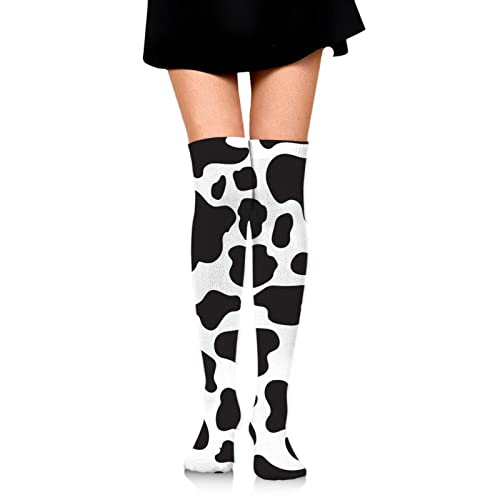 Image of Fashion Casual Black And White Milk Cow Print (2) Over The Knee Boot Socks Winter Warm Thigh High Cotton Dress Socks Soft Leg Warmers for Women Teens Girls