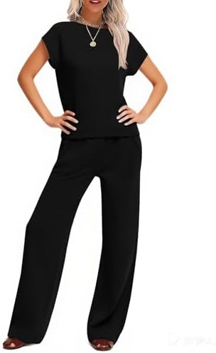 Two Piece Sets for Women Summer Lounge Sets Short Sleeve Wide Leg Casual Beach Vacation Outfits Sweatsuit Tracksuit