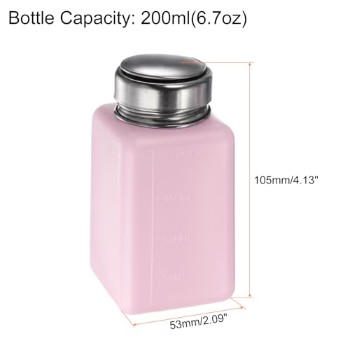 HARFINGTON 2pcs Solvent Alcohol Dispensers 200ml(6.8oz) Push Down Liquid Dispenser Pump Bottle with Sealing Stainless Steel Lid for Acetone Cleanser Polish Remover, Pink2