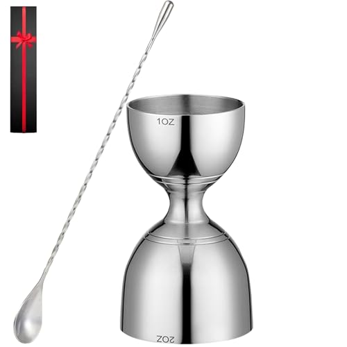 Bell Cocktail Jigger with Measuring Marks (1oz, 2oz) and Mixing Spoon - Bartender Set