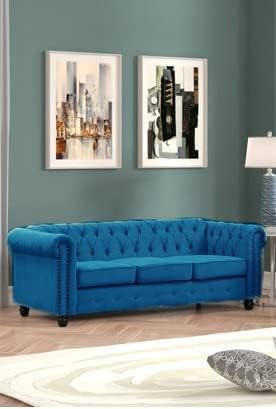 Image of 3 +1 +1 Seater Luxary Velvet Tuffted Round Arm Designed Sofa Set for Living Room, Hallways, Offices, Bedroom (Blue)