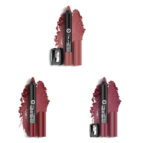 Image of Colors Queen Color It All Non Transfer Lip Crayon Lipstick | Long Lasting Matte Lipstick Combo Pack (Nude It, Rich Maroon, Party Time, 10.5g)