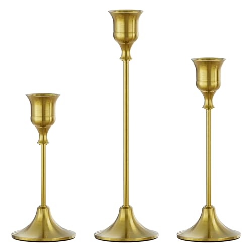 FSyueyun Brass Candlestick Holders Set of 3, Elegant Metal Candlestick Holders for Vintage Taper Candle Holders, Perfect for Table Centerpieces, Fireplace, Home Decor, Weddings and Party Decorations