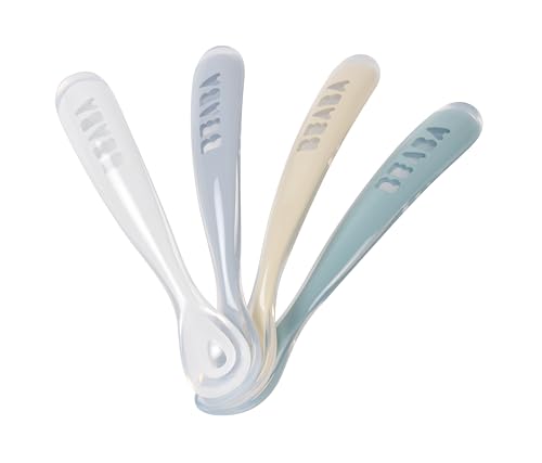 Béaba - Lot de 4 Cuillères en Silicone Bébé/Enfant 1er Âge - Dès 4 mois, Souple - Bout arrondi - Manche long et Ergonomique, Galet/Bleu nuage/Bleu...