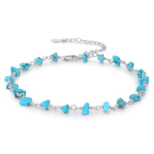 Image of Natural Turquoise Anklet 925 Sterling Silver Raw Turquoise Gemstone Adjustable Foot Anklet Bracelet Beach Summer Jewelry Gifts for Women