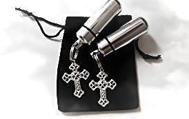 Set of TWO Silver Filigree Cross Anointing Oil Vial Holder Keychains with Velvet Pouches