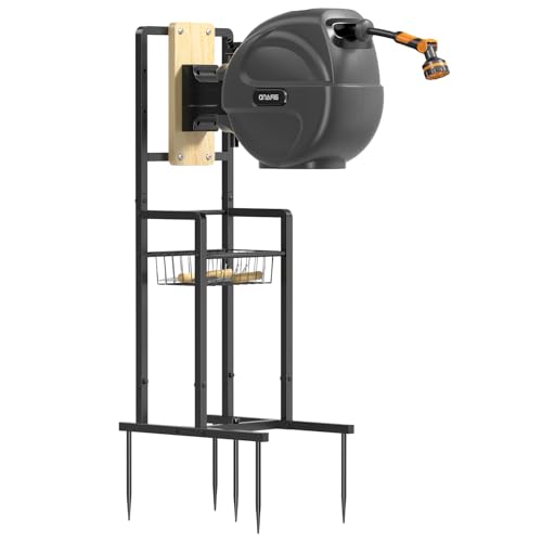Retractable Hose Reel Stand Freestanding Garden Hose Holder for Outside with Mounting Brackets No Wall Installation Fits Most Garden Hose Reels (Reel Not Included)