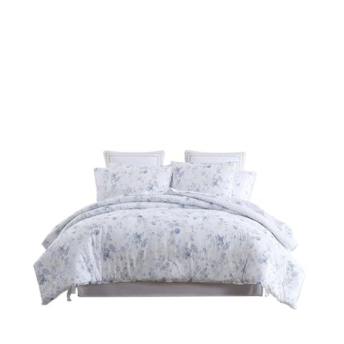 Image of Laura Ashley - King Comforter Set, Reversible Cotton Bedding with Matching Shams, Medium Weight for Year Round Use, Oeko-Tex Certified (Belinda Blue)
