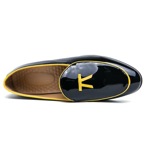 Men's Penny Loafers Patent Leather Loafers Slip-On Dress Shoes Black with Yellow Trim Formal Moccasins4