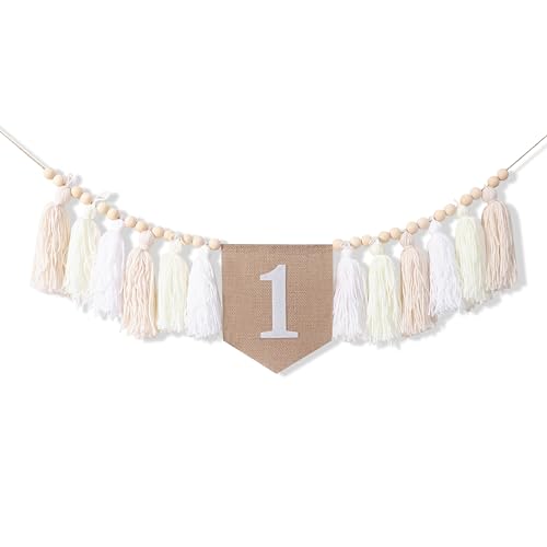 Image of 1st Birthday High Chair Banner - White Tassel Theme Banner For Girl - First Birthday Party Banner - White Fringe Wood Bead High Chair Wreath- Wall Hangings Decorative for Kids Bedroom Nursery Party Holiday Classroom Decoration (white)