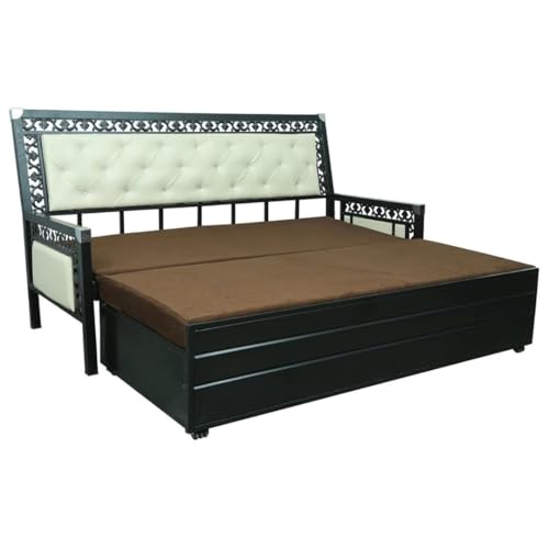 Image of Rexo Metal Sofa Cum Bed with Hydraulic Storage | 3 Seater Convertible Sofa Bed for Living Room | Heavy Duty Metal FrameMatte Black Finish with Dark Brown Cushion, Queen