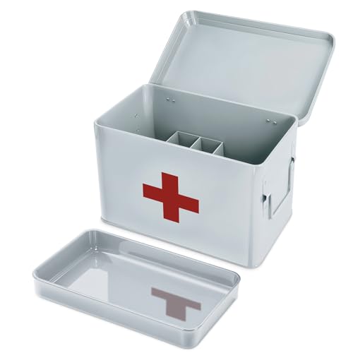 Image of Plexon 8.5 inch Metal First Aid Box Empty, Medicine Storage Bin with Lid, Emergency Supplies Organizer, Portable First Aid Kit Case, White