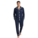 U2SKIIN Mens Cotton Pajama Set, Soft Long Sleeve Pajamas for men Lightweight Button Up Sleepwear Lounge Pjs Set with Pockets(Navy,XL)