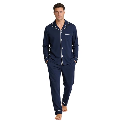 U2SKIIN Mens Cotton Pajama Set, Soft Long Sleeve Pajamas for men Lightweight Button Up Sleepwear Lounge Pjs Set with Pockets(Navy,L)