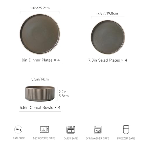 Image of Stoneware Dinnerware Sets for 4, 12Pcs Plates and Bowls Set, Matte Green