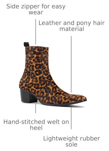 Image of OSSTONE Men Chelsea Ankle Boots Leather Pony Hair Leopard Boot with Side Zipper Heel Boots JY012