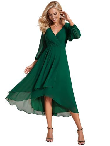 Ever-Pretty Cocktailkleid Damen Midi Abendkleider Elegant für Hochzeit Langarm Chiffon Abschlusskleid Dunkelgrün 38