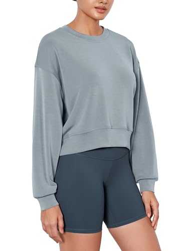Image of ODODOS Modal Soft Long Sleeve Cropped Sweatshirts for Women Oversized Crew Neck Pullover Crop Top