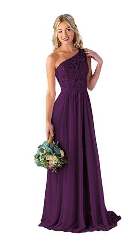 Image of LANGKAAO Women's One Shoulder Bridesmaid Dresses Long for Wedding with Pockets Lace Bodice A-Line Chiffon Formal Party Gown