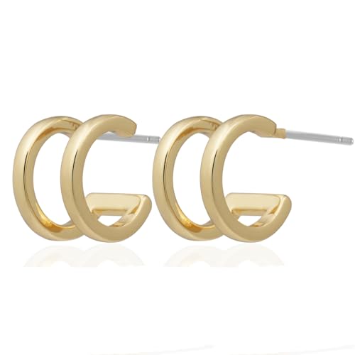 Image of Obidos 14K Gold Plated Illusion Stud Earrings for Women | Triple Huggie Hoop Earrings for One Hole| Trendy Simple Hypoallergenic Fashion Accessories Gold Jewelry Gifts for Womens