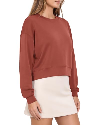 ODODOS Modal Soft Long Sleeve Cropped Sweatshirts for Women Oversized Crew Neck Pullover Crop Top, Burnt Brick, Medium
