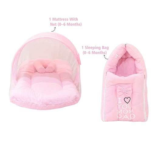 Image of Fareto Combo of Baby Bed with Net | Carry Bag | 4 Pcs Bedding Set (0-6 Months, Baby Size, Cotton) (Pink M)