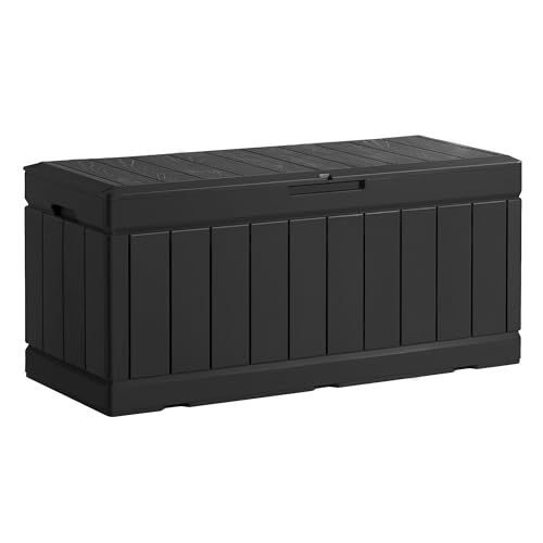 GUNJI 88 Gallon Resin Deck Box Indoor Outdoor Storage Waterproof & UV Resistant for Patio Furniture, Garden Tools, Pool Supplies and Cushions, Lockable (Dark Black)