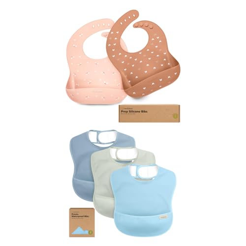 KeaBabies 2-Pack Baby Silicone Bibs and 3-Pack Waterproof Baby Food Catcher for Eating - Waterproof, Easy Wipe Silicone Bib for Kids, Toddlers - Lightweight Food Catcher for Kids