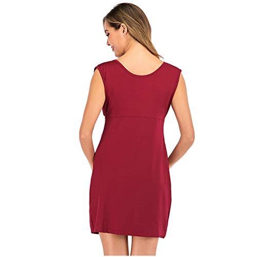 Summer Womens Maternity Tank Dress Casual Ruched Sleeveless Ruched A Line Pregnancy Dresses for Casual Wear or Baby Shower (Wine, XL)