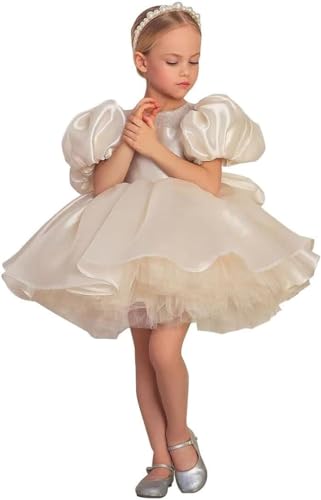 GZCYL Short Flower Girl Dress Princess Puff Sleeves Satin Toddler Pageant Ball Gowns Knee Length