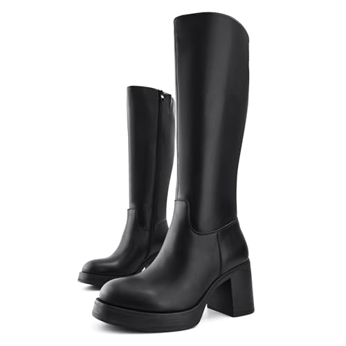 Image of Shoe'N Tale Platform Knee High Boots for Women Block Chunky Heel Round Toe Side Zipper Tall Boots