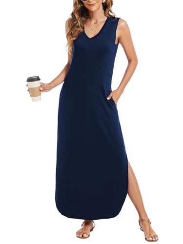 Image of Arolina Maxi Dress for Women Tropical Summer V Neck Sleeveless Split Long Beach Dresses Casual Loose Sundress with Pockets