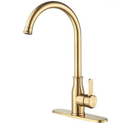 Kohonby Brushed Gold Kitchen Faucet ï¼ŒModern High Arc Bar Sink Faucet ï¼ŒCommercial Stainless Steel Kitchen Sink Faucet One Hole with Deck (Brushed Gold)