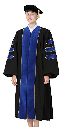 GraduationMall Deluxe Doktoranden Abschluss Talar Tam Set für Fakultät und Professor Phd Blau Samt mit Goldpaspeln 48(159cm - 165cm) Cover