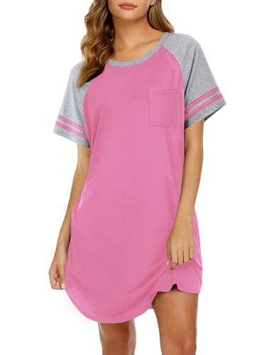 Image of Ekouaer Nightgowns for Women Color Block Sleep Shirt Short Sleeve Sleepwear
