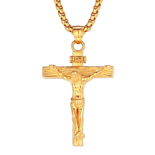 FaithHeart Cross Necklace for Men, Silver/Black/Gold Crucifix Necklace Stainless Steel Pendant with Cuban Chain Jesus Cross Necklaces Religious Gifts for Men Pendant Chain Length 22inch 03.