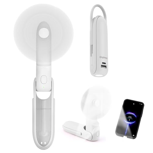 Digibond Portable Handheld Fan, Personal Fan, 6 IN 1 2000mAh Rechargeable Battery Operated, Bullet Shape Mini Fan with Flashlight Hook 3 Speed (White)
