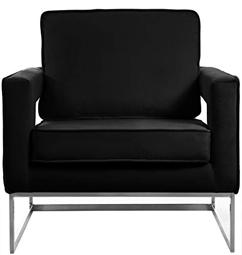 Meridian Furniture Noah Collection Modern | Contemporary Velvet Upholstered Accent Chair With Durable Stainless Steel Base, Black, Chrome Base #TOP3