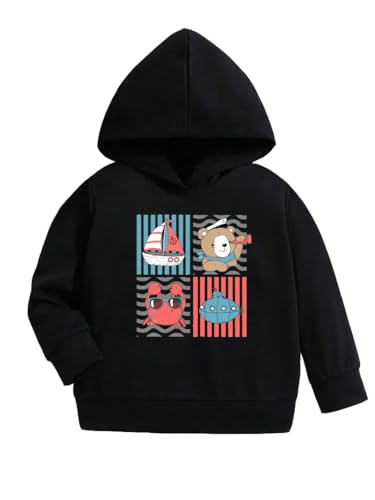 Image of Printed Hooded Sweatshirt for Kids - Warm Cotton Fleece Hoodie for Boys Girls - Winter Outfit,Black, 2 to 8 Years
