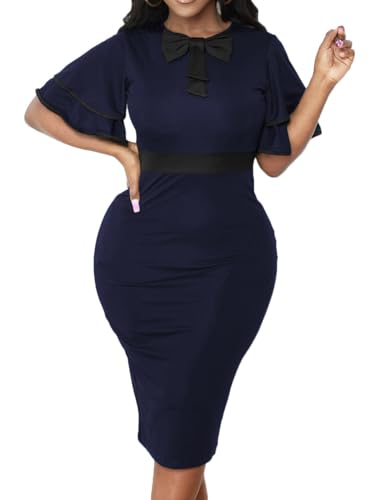 Image of Xinlees Women's Bodycon Pencil Dress Sexy Short Ruffles Sleeve Clubwear Basic Fitted Outfits Casual Midi Dresses