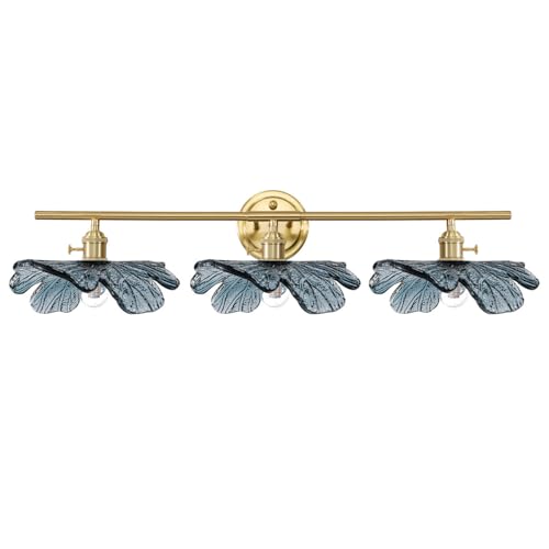 Image of Vintage Bathroom lighting fixtures Gold Brass Bathroom Vanity Light 3-Light Modern Wall Sconce Indoor Wall Light with Blue Glass flower Shade Mid Century Wall Lighting for Bedroom Hallway Living Room