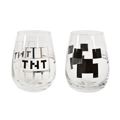 Image of Elbenwald Set of 2 Glasses – Various Designs such as Marvel Avengers, Star Wars, Dragon Ball and More 500 ml Capacity 11.5 cm Height (Minecraft)