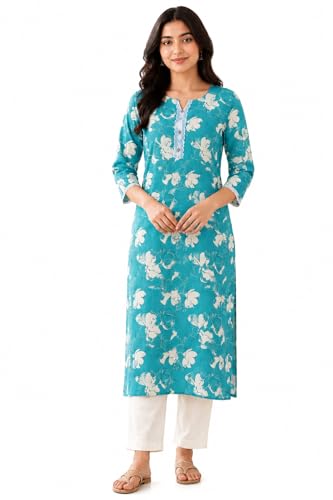 Image of ZAYRON Women's Rayon Printed Straight Kurti for Women | Round Neck with V-Cut | 3 /4 Sleeve | Casual Ethnic Wear Kurta