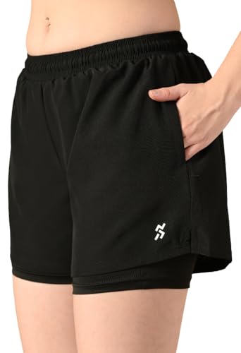 Image of Women Dual Layer Black Sports Shorts| 2-in-1 Athletic Running Gym Shorts with Built-in Compression Liner | Quick Dry, Lightweight
