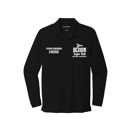 Personalized Long Sleeve Polo Shirt for Men, UV Micro-mesh Embroidered Logo and Text, Custom Work Shirt, Design Your Own Black