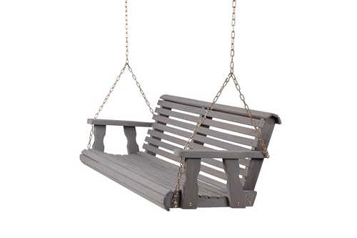 Image of Amish Casual Heavy Duty 700 Lb Capacity Porch Swing (4 Foot, Semi-Solid Gray Stain) - Wooden Outdoor Roll Back Swing with Hanging Chains - Amish Made in the USA